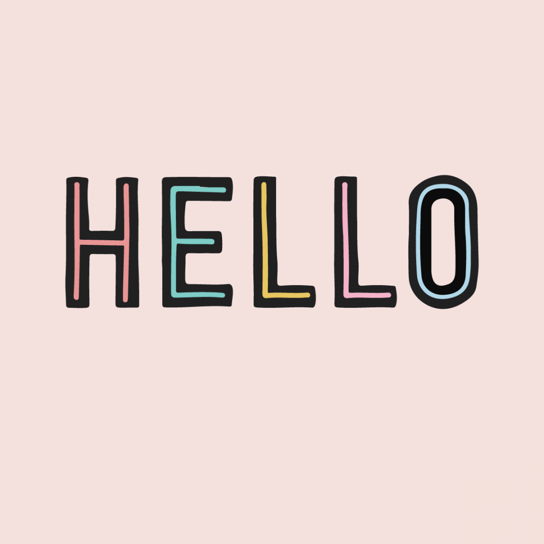 Link to Instagram - the word hello written in pastel colour and black outlines. All on a pink background.