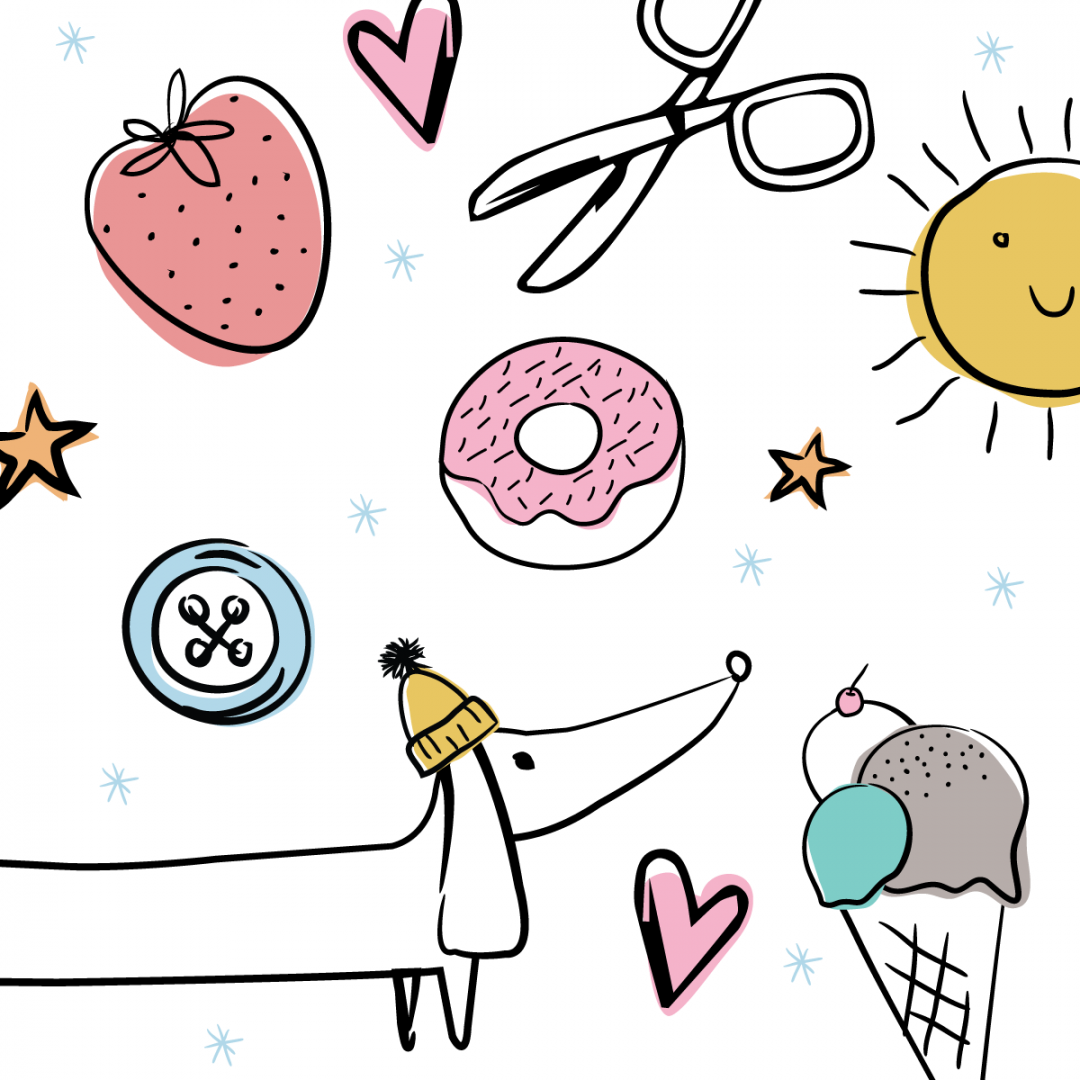 Link to Instagram - Favourite Things Illustraion - sausage dog, ice-cream, donuts, sunshine, buttons and stars